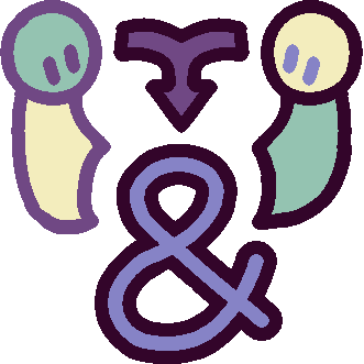 an arrow pointing from two people to an ampersand, in the colors of the kenochoric plural flag (three shades of purple, light green and yellow)